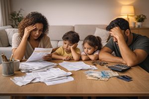 Família reunida à mesa analisando contas e despesas, refletindo o impacto nas finanças.