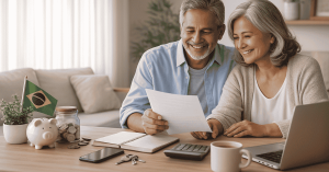 Casal analisando documento financeiro em casa, com cofre de moedas, calculadora e notebook sobre a mesa, representando educação em finanças pessoais.