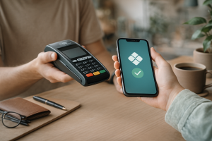 Pessoa realizando pagamento digital com celular e maquininha, representando a modernização das finanças e o uso de meios eletrônicos no dia a dia.