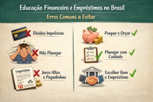 Ilustração educativa sobre educação financeira e empréstimos no Brasil, com o título “Educação Financeira e Empréstimos no Brasil: erros comuns a evitar”. A imagem é dividida em duas colunas. À esquerda, aparecem erros financeiros destacados com símbolos de X vermelho, como uso impulsivo do cartão de crédito, falta de planejamento, acúmulo de contas e empréstimos com juros altos e pegadinhas. Um personagem ilustrado demonstra preocupação ao segurar a cabeça, cercado por contas. À direita, são mostradas boas práticas marcadas com sinal de correto, como poupar e orçar, planejar com cuidado e escolher bem o empréstimo, representadas por um cofre em forma de porco, uma prancheta de planejamento e um aperto de mãos em frente a um banco. A imagem reforça a importância de decisões conscientes ao contratar crédito.