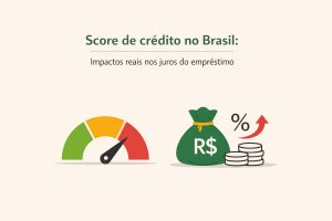 Ilustração sobre score de crédito no Brasil, com o título “Score de crédito no Brasil: impactos reais nos juros do empréstimo”. A imagem mostra um medidor de score com faixas verde, amarela e vermelha, indicando níveis de pontuação de crédito. Ao lado, há um saco de dinheiro com o símbolo do real, moedas empilhadas e um ícone de porcentagem com seta para cima, representando o aumento dos juros conforme o score diminui. A composição visual explica a relação entre pontuação de crédito e custo do empréstimo.