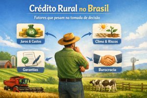 Ilustração sobre crédito rural no Brasil, com o título “Crédito Rural no Brasil: fatores que pesam na tomada de decisão”. A imagem mostra um produtor rural de costas, com chapéu e camisa verde, em meio a uma paisagem agrícola. Ao redor dele, quatro ícones conectados por setas representam os principais fatores considerados na contratação de crédito rural: “Juros e custos”, ilustrados por um saco de dinheiro e moedas; “Clima e riscos”, representados por sol, solo seco e uma planta; “Garantias”, simbolizadas por um documento com marca de aprovação; e “Burocracia”, representada por um aperto de mãos. Ao fundo, há plantações, uma colheitadeira, gado, celeiros e um moinho de vento, contextualizando o cenário agrícola brasileiro.