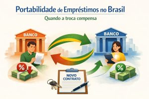 Ilustração sobre portabilidade de empréstimos no Brasil, com o título “Portabilidade de Empréstimos no Brasil: quando a troca compensa”. A imagem mostra dois bancos, um à esquerda e outro à direita, conectados por setas circulares que indicam a transferência de um contrato. À esquerda, um cliente analisa um documento com expressão de preocupação, ao lado de dinheiro e um símbolo de porcentagem com seta para baixo, sugerindo redução de juros. À direita, uma atendente segura uma prancheta diante de outro banco, com dinheiro e um símbolo de porcentagem, representando novas condições de crédito. No centro, aparece um quadro com “Novo contrato”, uma caneta e chaves, simbolizando a formalização do acordo após a portabilidade.