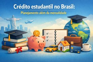 Ilustração sobre crédito estudantil no Brasil, com o título “Crédito estudantil no Brasil: planejamento além da mensalidade”. A imagem reúne elementos que representam educação, finanças e planejamento de vida, como livros empilhados com capelos de formatura, um cofre em formato de porco com moeda em reais, um caderno de planejamento com marcações, uma mala, uma casa, um carro e um cartão de crédito. Ao fundo, aparecem o globo terrestre com capelo, o Cristo Redentor e um avião, simbolizando oportunidades acadêmicas e profissionais. A composição destaca a importância do planejamento financeiro no uso do crédito estudantil.