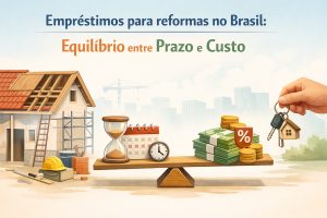 Ilustração sobre empréstimos para reformas no Brasil, com o título “Empréstimos para reformas no Brasil: equilíbrio entre prazo e custo”. A imagem mostra uma casa em reforma com andaimes, ferramentas e capacete de obra à esquerda. No centro, uma balança de madeira simboliza o equilíbrio, com itens que representam o tempo, como ampulheta, calendário e relógio, de um lado, e dinheiro, moedas e um símbolo de porcentagem, do outro. À direita, uma mão segura chaves de uma casa, indicando a conclusão da reforma. Ao fundo, aparece um cenário urbano com prédios e um guindaste, reforçando o contexto de construção e planejamento financeiro.