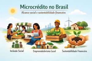 Ilustração sobre microcrédito no Brasil, com o título “Microcrédito no Brasil: alcance social e sustentabilidade financeira”. A imagem mostra cenas de pequenos empreendedores e atividades locais: à esquerda, pessoas em uma feira com frutas e verduras; ao centro, uma mulher costurando em máquina de costura; à direita, um trabalhador rural sorrindo segurando uma caixa com mudas e moedas, além de mãos segurando terra com uma planta brotando, simbolizando crescimento. Ao fundo, há paisagem com cidade, turbinas eólicas e casas. Na parte inferior, aparecem os temas “Inclusão Social”, “Empreendedorismo Local” e “Sustentabilidade Financeira”, reforçando o impacto do microcrédito no desenvolvimento comunitário.