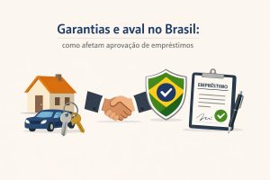 Ilustração sobre garantias e aval no Brasil, com o título “Garantias e aval no Brasil: como afetam a aprovação de empréstimos”. A imagem mostra uma casa e um carro com chaves à esquerda, representando bens usados como garantia. Ao centro, duas mãos se cumprimentam, simbolizando acordo e confiança. À direita, aparece um escudo com a bandeira do Brasil e um símbolo de verificação, ao lado de uma prancheta com um contrato de empréstimo assinado e aprovado. A composição visual explica como garantias e aval aumentam a segurança das instituições financeiras e influenciam a aprovação de crédito.