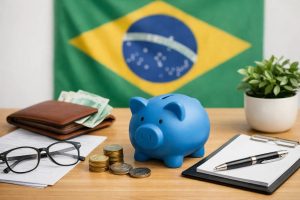 Cena de planejamento financeiro com foco em investimentos, mostrando um cofrinho azul sobre uma mesa de madeira, moedas empilhadas, carteira com cédulas de real, calculadora, bloco de anotações com caneta e documentos financeiros. Ao fundo, a bandeira do Brasil reforça o contexto nacional, simbolizando investimentos de longo prazo, previdência privada e organização financeira no Brasil.