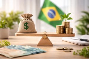 Balança de madeira simbolizando o equilíbrio entre investimentos e crescimento financeiro, com um saco de dinheiro com símbolo de cifrão de um lado e pilhas de moedas com uma planta crescendo do outro. Ao fundo, a bandeira do Brasil desfocada, reforçando o contexto nacional dos investimentos, com notas e moedas espalhadas sobre uma mesa clara.