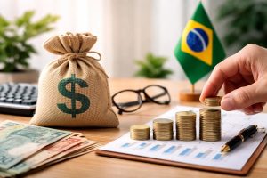 Imagem representando investimentos no Brasil em um contexto de inflação, com uma mão empilhando moedas sobre um gráfico de crescimento financeiro, um saco de dinheiro com símbolo de dólar, notas de real brasileiro, calculadora e a bandeira do Brasil ao fundo. A cena simboliza como a inflação influencia as decisões de investimentos, exigindo planejamento financeiro, análise econômica e estratégias para preservar o poder de compra.