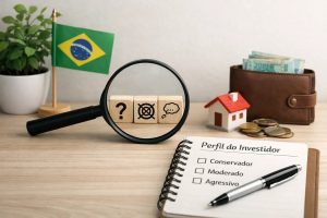 Imagem conceitual sobre investimentos mostrando uma lupa destacando símbolos de dúvida e análise de perfil do investidor, com bandeira do Brasil ao fundo, carteira com dinheiro, moedas, miniatura de casa e bloco de notas com opções de perfil conservador, moderado e agressivo, representando decisões financeiras e planejamento de investimentos no Brasil.