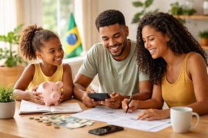 Família brasileira sentada à mesa de casa analisando documentos financeiros, com pais e filha envolvidos em decisões conjuntas sobre finanças, utilizando calculadora, caderno e cofrinho, em ambiente doméstico iluminado e organizado, representando planejamento e finanças familiares no Brasil.
