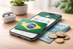 Imagem realista e minimalista sobre finanças digitais no Brasil, mostrando um smartphone com aplicativo bancário aberto, um cartão com cores da bandeira brasileira apoiado sobre o aparelho, cédulas e moedas de real ao lado, em um ambiente claro e organizado que remete aos desafios das finanças além da tecnologia.