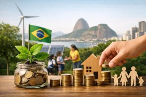 Cena de planejamento financeiro com foco em investimentos, mostrando uma mão organizando pilhas de moedas ao lado de uma casa de madeira e figuras representando uma família. À esquerda, um pote de vidro com moedas e uma planta simboliza crescimento sustentável, enquanto ao fundo aparecem painéis solares, turbina eólica e a bandeira do Brasil, reforçando o conceito de investimentos de longo prazo, segurança financeira e futuro sustentável.
