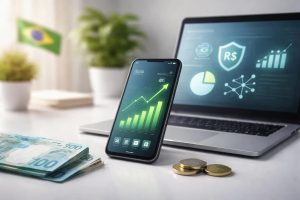 Imagem representando tecnologia financeira no Brasil, com smartphone exibindo gráficos de crescimento, laptop com dashboards de dados, notas e moedas de real sobre a mesa e ícones digitais de proteção e análise. A cena ilustra como a tecnologia financeira e o uso de dados orientam decisões de investimentos de forma estratégica e personalizada no mercado brasileiro.