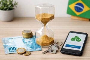 Ampulheta simbolizando o tempo e o planejamento financeiro sobre uma mesa, ao lado de moedas, nota de 100 reais, chaves de uma casa e um smartphone exibindo a opção de saque, com a bandeira do Brasil ao fundo, representando decisões de investimentos, liquidez e organização financeira no contexto brasileiro.