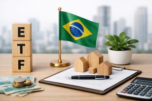 Cena de planejamento financeiro com foco em investimentos no Brasil, mostrando a bandeira brasileira ao centro, blocos de madeira formando a palavra ETF, miniaturas de casas representando investimentos imobiliários, uma prancheta com documento e caneta, dinheiro em reais, moedas empilhadas, uma calculadora e uma planta decorativa, simbolizando diversificação, organização e crescimento sustentável dos investimentos.