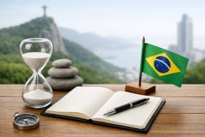 Imagem com um relógio de areia sobre uma mesa de madeira, ao lado de um caderno aberto com uma caneta, uma pequena bússola, pedras empilhadas simbolizando equilíbrio, e uma bandeira do Brasil em destaque. Ao fundo, uma paisagem com montanhas e cidade desfocada, transmitindo planejamento, tempo e visão de longo prazo relacionados a investimentos no Brasil.