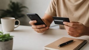Pessoa utilizando smartphone e cartão bancário em mesa minimalista, representando gastos com assinaturas digitais e controle financeiro no Brasil.