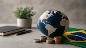 Globo terrestre azul e bege sobre mesa minimalista ao lado de moedas empilhadas e bandeira do Brasil parcialmente visível. Ao fundo, aparecem um caderno preto, uma caneta e uma planta desfocados, criando composição limpa e sofisticada relacionada a economia global, investimentos e mercado financeiro brasileiro.