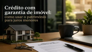 Imagem editorial premium sobre crédito com garantia de imóvel, mostrando miniatura de casa, contrato financeiro e chaves sobre mesa moderna em ambiente sofisticado e iluminado naturalmente.